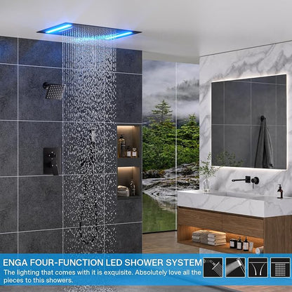 ENGA Dual Rain Shower Head System, 2 In 1 Functions Ceiling Mount 14x20inch LED Shower Head with 6 Inch Shower Head, Rainfall Waterfall Shower Faucet Set, Matte Black