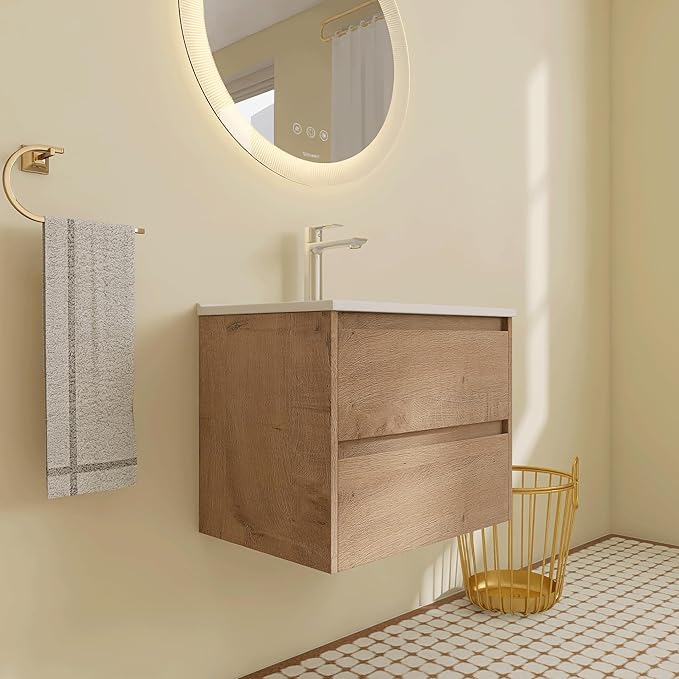 24 inch Floating Bathroom Vanity with Ceramic Sink, 24'' Wall Mounted Cabinet with 2 Soft-Closing Drawers, Space Saving for Small Bathroom, Modern Storage Cabinet, Brown Finish