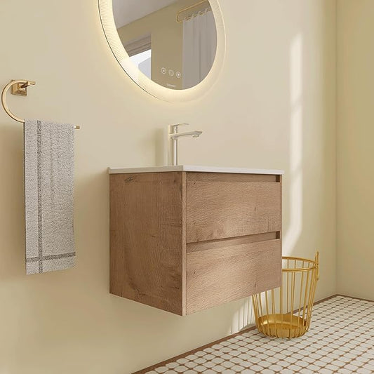 24 inch Floating Bathroom Vanity with Ceramic Sink, 24'' Wall Mounted Cabinet with 2 Soft-Closing Drawers, Space Saving for Small Bathroom, Modern Storage Cabinet, Brown Finish