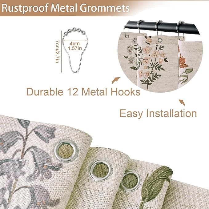 ORTIGIA Linen Textured Ruffle Shower Curtain with Metal Hooks, Vintage Boho Farmhouse Floral Linen Cottagecore Shower Curtain Bathroom Waterproof 72x72 Inch