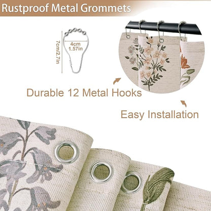 ORTIGIA Linen Textured Ruffle Shower Curtain with Metal Hooks, Vintage Boho Farmhouse Floral Linen Cottagecore Shower Curtain Bathroom Waterproof 72x72 Inch