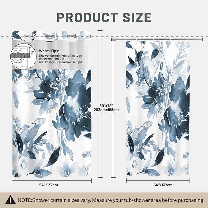 No Hook Floral Shower Curtain with Liner, Aqua Blue, 54x80 | Snap in Liner, 3 in 1, Water Repellent, Easy Install, Machine Washable, Hotel Style for Bathroom, Watercolor Pattern