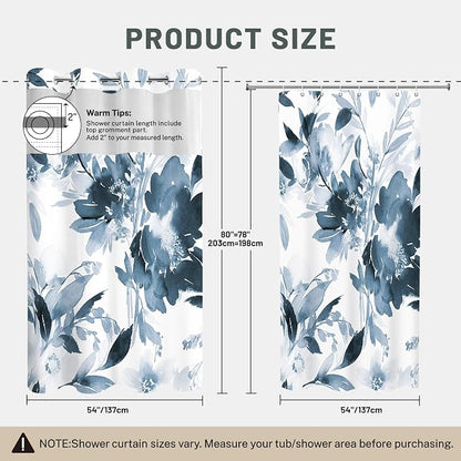 No Hook Floral Shower Curtain with Liner, Aqua Blue, 54x80 | Snap in Liner, 3 in 1, Water Repellent, Easy Install, Machine Washable, Hotel Style for Bathroom, Watercolor Pattern