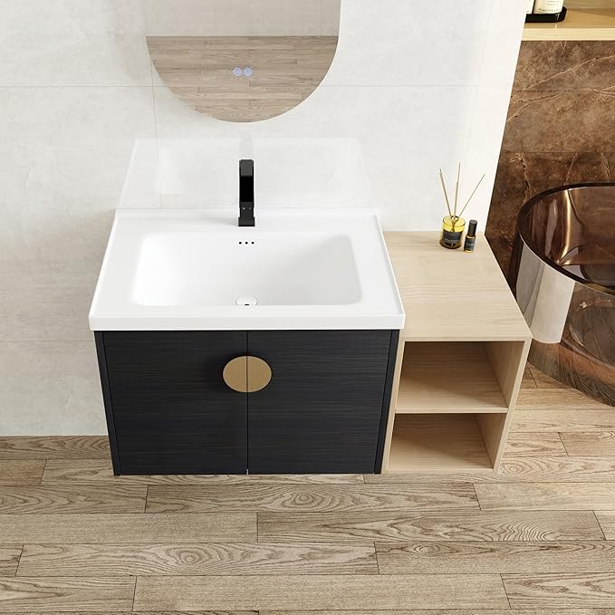 SSLine Modern 40" Floating Bathroom Vanity with Ceramic Sink Wall Mounted Bathroom Vanity with Top Basin &Storage Cabinet&Side Open Shelf Elegant Wood Vanity Sink Cabinet for Small Space(Black Gold)