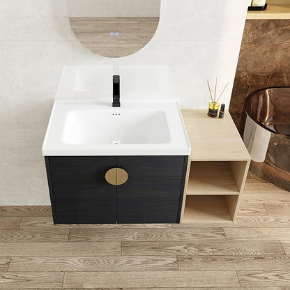 SSLine Modern 40" Floating Bathroom Vanity with Ceramic Sink Wall Mounted Bathroom Vanity with Top Basin &Storage Cabinet&Side Open Shelf Elegant Wood Vanity Sink Cabinet for Small Space(Black Gold)