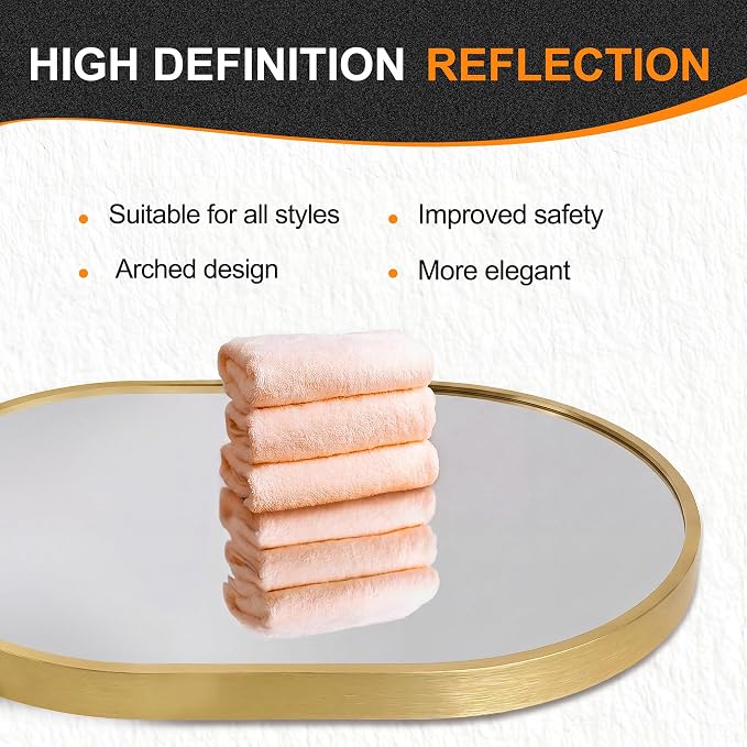28x20 Gold Oval Bathroom Mirror for Over Sink, Aluminum Frame | HD Reflection No Distortion, Aluminum Frame, Mounting Hardware for Vertical or Horizontal Mount