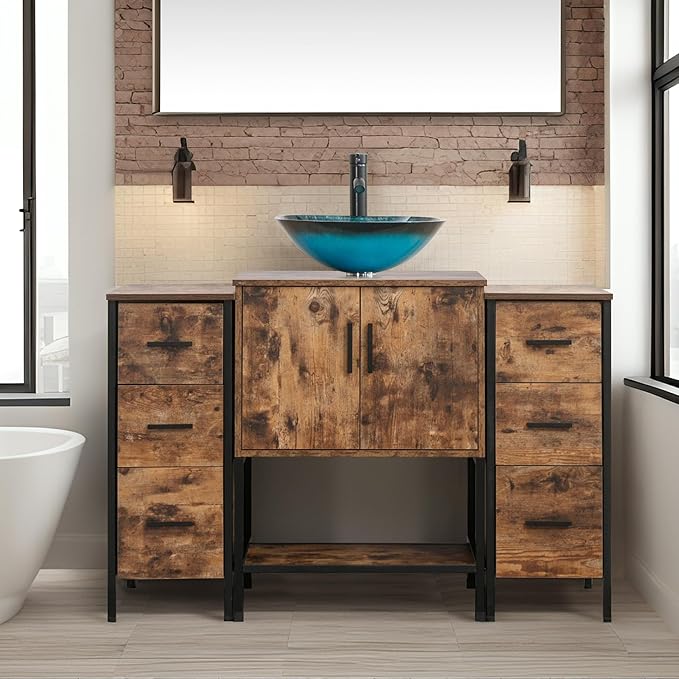 UEV 48" Antique Bathroom Vanity, Dark Brown Bathroom Vanity Set with Sink and 3 Drawers Side Cabinet Combo, Iron Wood Bathroom Cabinet with Adjustable Water Temperature Faucet (A10)