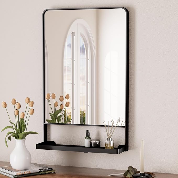Keonjinn 18 x 28 Inch Black Bathroom Mirror with Shelf, Rust-Resistant | Rounded Corner, Rectangle Metal Bathroom Vanity Mirror with Storage, French Cleat Mount, Entryway, Bedroom, Hallway, Décor