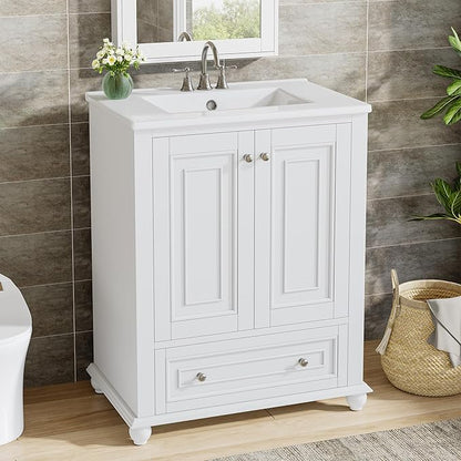 Tribesigns 24" Bathroom Vanity with Ceramic Sink Combo, Freestanding Bathroom Storage Vanity Cabinet with 2 Doors & 1 Drawer, Solid Wooden Frame & Coated Surface, Metal Handle, White