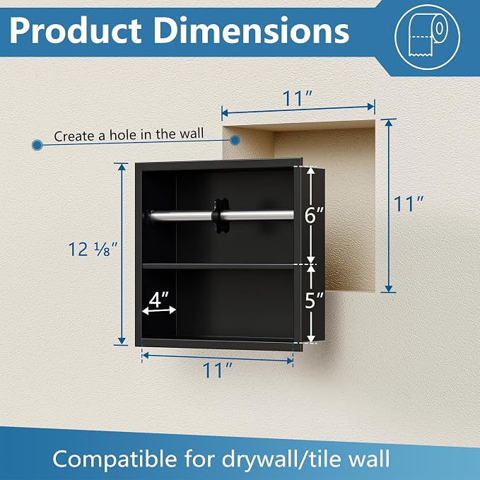 Neodrain Black Recessed Toilet Paper Holder,Double Layer Wet Tissue Holder | Space-Saving Wall Niche Cabinet Storage, Rustproof & Durable,For Bathroom, Kitchen & Vanity