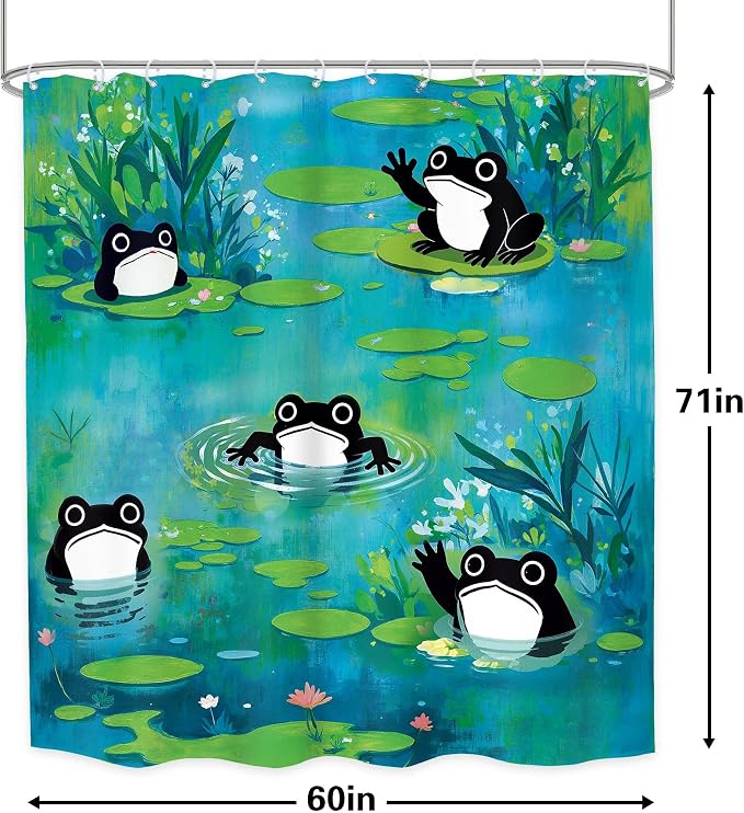 Funny Frog Cute Cartoon Animal Lotus Leaves Bathroom Shower Curtain Set | 60Wx71H Flowers Green waterproof HD print, quick-dry fabric, and 12 hooks for easy setup