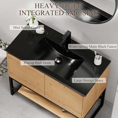 LUCKWIND 36" Modern Bathroom Vanity with Single Black Sink Combo, Freestanding Storage Cabinet with Metal Frame, Matte Black Faucet and Open Shelf and 2 Soft-Closing Door, Natural