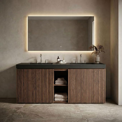 72" Bathroom Vanity with Sink Combo, Mid Century Modern Bathroom Cabinet with 4 Doors & Open Shelf, Matte Black Integrated Sink with Overflow, Brown Walnut