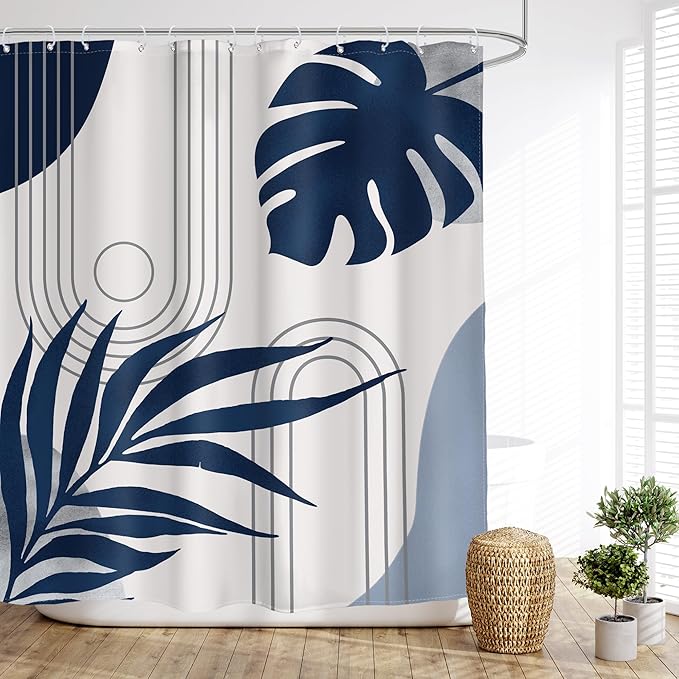 Glawry Abstract Shower Curtain Blue Grey Mid Century Geometric Boho Palm Leaf Sun Arch Botanical Simple Bathroom Modern Aesthetic 60Wx72L Inches Bath Accessories Art Home Decor Fabric 12 Hooks