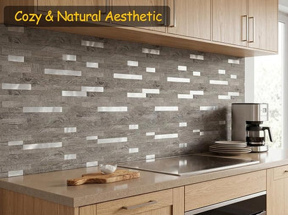 Yipscazo 10 Sheets Peel and Stick Wood Metal Tile Backsplash, Stick on Tiles for Backsplash Kitchen, Bathroom, Laundry Room, Camper, Fireplace (12'' X 12'', Light Brown Wood)