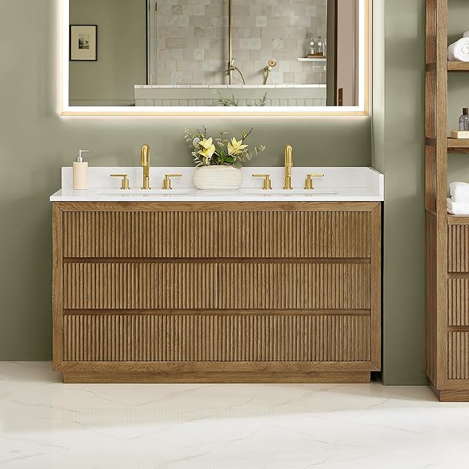 ALTAIR 60 In Bathroom Vanities Double Sink Vanity with Ceramic Countertop Backsplash Sidesplash Mordern Large Storge Cabinet Pre-Assembled Bath Fixtures Brown