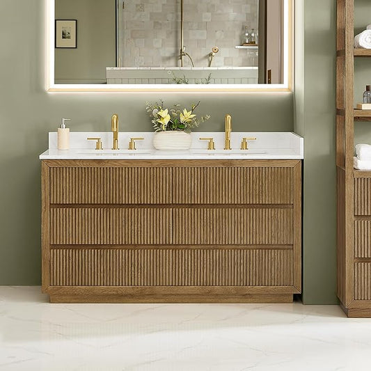 ALTAIR 60 In Bathroom Vanities Double Sink Vanity with Ceramic Countertop Backsplash Sidesplash Mordern Large Storge Cabinet Pre-Assembled Bath Fixtures Brown