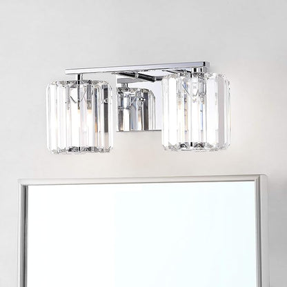 JONATHAN Y 4.75" Chrome 2-Light Vintage Glam LED Vanity Light Wall Sconce Fixture with Clear Crystal Prism Shade, Hardwired Wall Lamp for Bathroom Mirror Hallway, LED Bulb Included (JYL3553A)