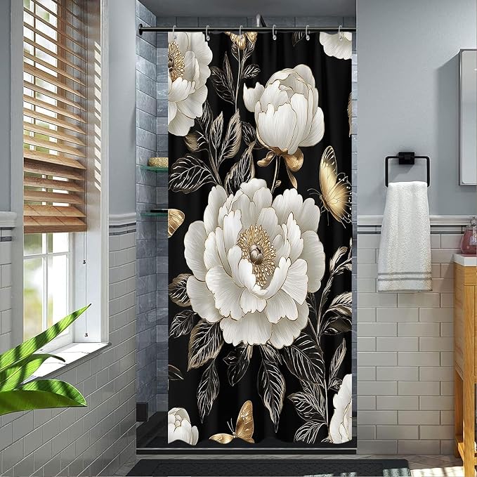 Black and Gold Boho Floral Shower Curtain, Vintage Unique Dark Flowers Botanical Aesthetic Decorative Shower Curtain Set, Pretty Gold Boho Farmhouse Curtains Bathroom Accessories with Hooks 36"x72"