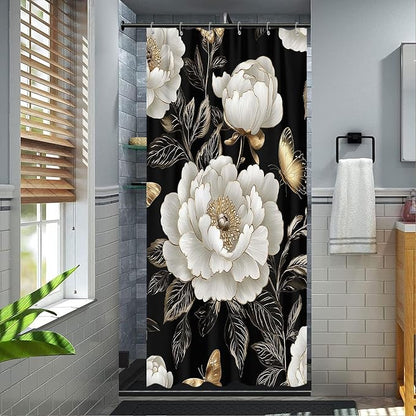 Black and Gold Boho Floral Shower Curtain, Vintage Unique Dark Flowers Botanical Aesthetic Decorative Shower Curtain Set, Pretty Gold Boho Farmhouse Curtains Bathroom Accessories with Hooks 36"x72"