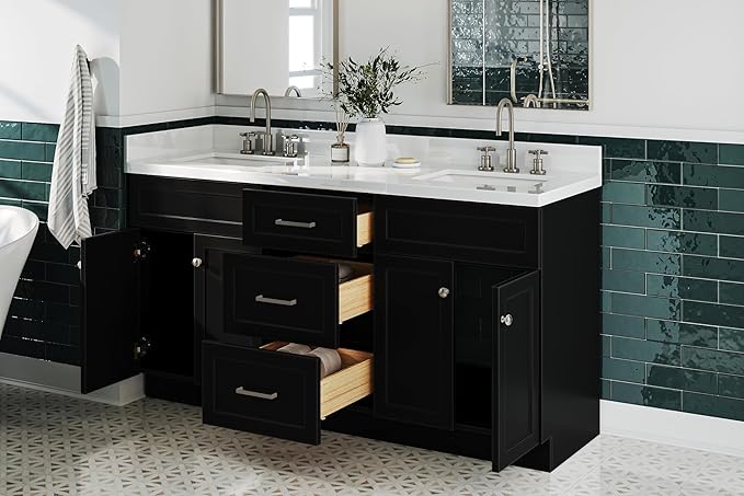 ARIEL Hamlet 66-inch Bathroom Vanity with Sink,Solid Wood, 1.5-inch Pure White Quartz Countertop & Backsplash, Double Rectangular Porcelain Sink, 4 Soft Closing Doors, 3 Dovetail Drawers, Black