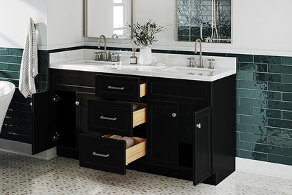 ARIEL Hamlet 66-inch Bathroom Vanity with Sink,Solid Wood, 1.5-inch Pure White Quartz Countertop & Backsplash, Double Rectangular Porcelain Sink, 4 Soft Closing Doors, 3 Dovetail Drawers, Black