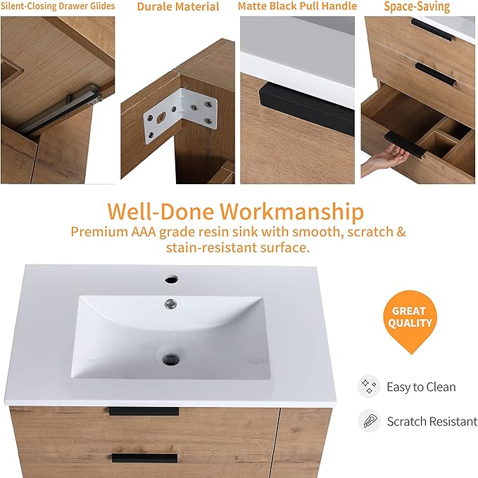 30" Bathroom Vanity with Sink, Floating Bathroom Vanity,Modern Vanity Bathroom,Wall-Mounted Bathroom Vanity with Top Basin & Storage Cabinet,Brown, 3 Drawers&3 Shelves