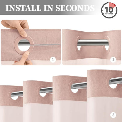 72x81 Ringless Linen Textured Shower Curtain with Snap in Liner, Blush | Tall Size, 3 in 1 Shower Curtain Set, Removable Liner, Waterproof & Washable, Mesh Top Window, Durable Fabric, Easy Setup