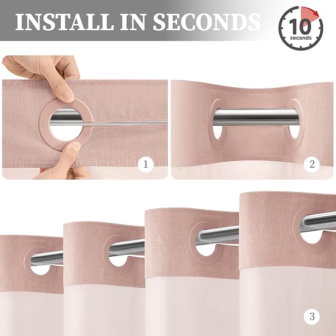 72x87 Ringless Linen Textured Shower Curtain with Snap in Liner, Blush | Extra Long Size, 3 in 1 Durable Fabric Shower Curtain, Removable Liner, Waterproof & Washable, Mesh Top Window, Easy Setup