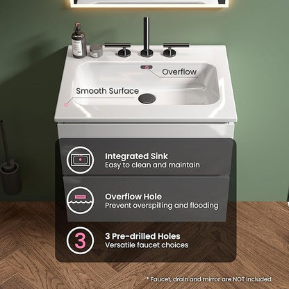 24" Bathroom Vanity with Sink, Modern Floating Vanity with Double Soft Closing Drawers, Large Storage for Small Space, Glossy White, Fully Assembled - Iris Collection