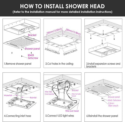 Matte Black LED Spa Shower System Rainfall Waterfall with Handheld | 20x14-Inch Luxury 2 Modes Showerhead with Ligh t Remote Control, 3 Way Mixer Valve