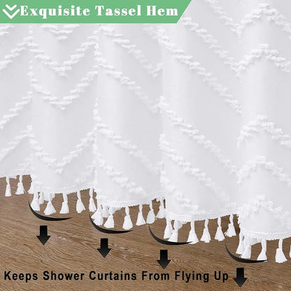 Extra Long White Boho Shower Curtain, Chic Tufted Chevron Striped Textured Fabric Cloth Shower Curtains with Tassel for Bathroom, Soft Hotel Style Farmhouse, Machine Washable, 72x84