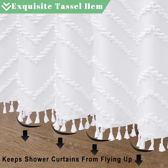 Boho Shower Curtain, White Fabric Cloth Shower Curtains Farmhouse Tufted Chevron Striped Textured with Tassel for Bathroom, Soft Hotel Style Modern Minimalist, Machine Washable, 72x72, White