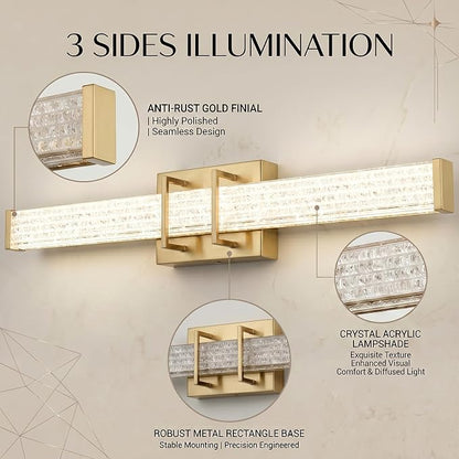 URSOLA 48" Modern LED Bathroom Light Fixtures, Golden 3CCT Dimmable Bathroom Vanity Light Over Mirror, Bathroom Vanity Bath Bar Lights with Crystal Acrylic Shade