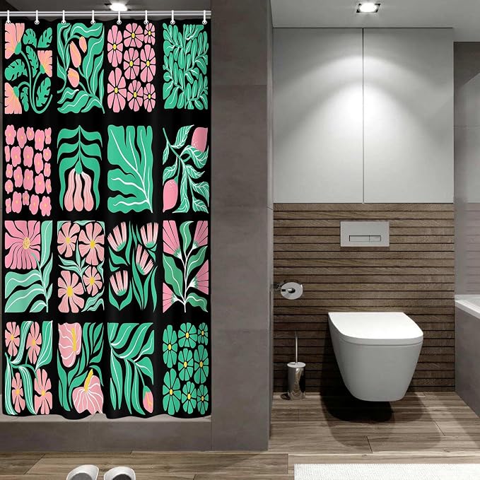 JAWO Pink Green Floral Shower Curtain for Bathroom, Retro Boho Floral Shower Curtains Decor for Women Girls, Vintage Botanical Geometric Groovy Aesthetic Pattern Shower Curtain Sets with Hooks47X64IN