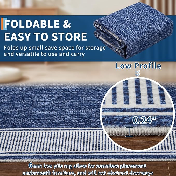 Garvee Living Room Rug 10x13 Washable Modern Bordered Bedroom Rug Blue | Large Non-Shedding Stain-Resistant Foldable Accent Rugs Ultra-Soft Non Slip Low Pile Floor Cover for Nursery Kids Room Office