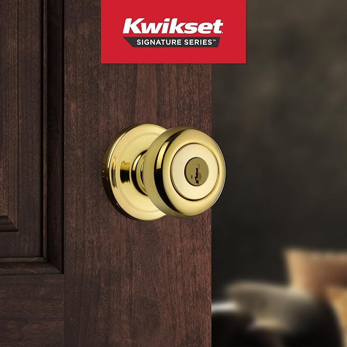Kwikset Juno Entry Door Knob with Lock and Key, Secure Keyed Handle Exterior, Front Entrance and Bedroom, Polished Brass, Pick Resistant SmartKey Rekey Security