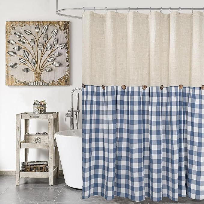 DOSLY IDÉES Linen Button Farmhouse Shower Curtain, Linen and Cotton Fabric, Pleated Blue and White Buffalo Plaid Checked Pattern, Country Style, 72x72 in