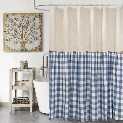 DOSLY IDÉES Linen Button Farmhouse Shower Curtain, Linen and Cotton Fabric, Pleated Blue and White Buffalo Plaid Checked Pattern, Country Style, 72x72 in