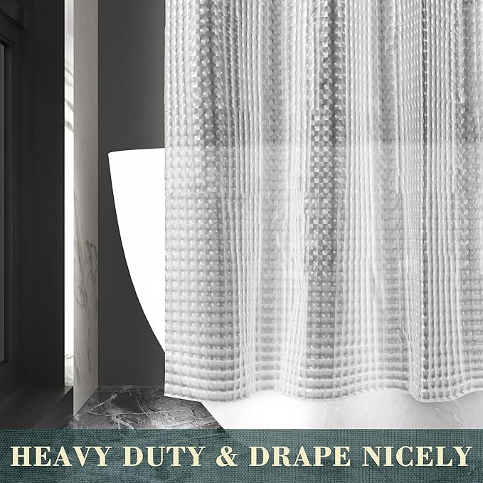 No Hook Shower Curtain or Liner, Standard Size 71 x 74, Square | 8G Heavy Duty, Grid Bathroom Shower Curtain, No Hooks Required, Waterproof Plastic & PVC Free