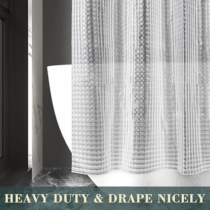 No Hook Shower Curtain or Liner, Standard Size 71 x 74, Square | 8G Heavy Duty, Grid Bathroom Shower Curtain, No Hooks Required, Waterproof Plastic & PVC Free