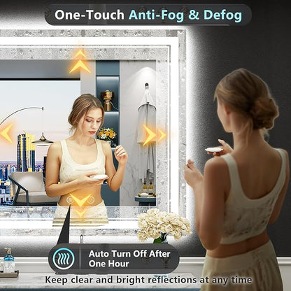 32x32 LED Bathroom Mirror with Lights, Backlit and Front Lit Anti-Fog Lighted Vanity Mirrors for Bathroom Wall, Dimmable, 3-Color Light, Memory, Shatter-Proof, HD Tempered Glass, CRI＞90