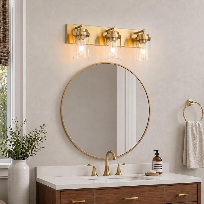 3-Light Bathroom Light Fixtures, Brushed Gold Vanity Lights | Modern Bathroom Lighting Fixtures Over Mirror, Vanity Lights for Bathroom, Mirror, Restroom, Bedroom, E26