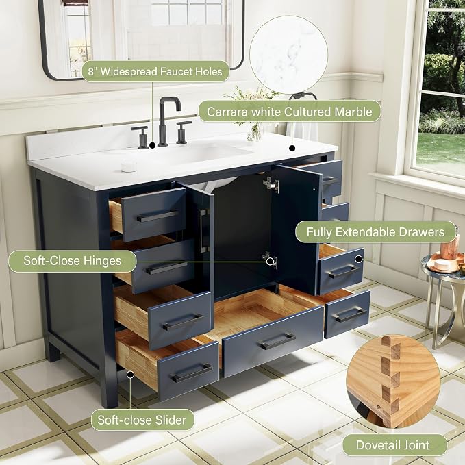 48-Inch Bathroom Vanity with Sink, 2 Soft-Close Doors and 9 Soft-Close Drawers, Bathroom Freestanding Vanity with Cultured Marble Countertop, Bathroom Navy Blue Vanity With Matte Black Handles