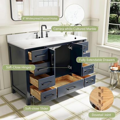 48-Inch Bathroom Vanity with Sink, 2 Soft-Close Doors and 9 Soft-Close Drawers, Bathroom Freestanding Vanity with Cultured Marble Countertop, Bathroom Navy Blue Vanity With Matte Black Handles