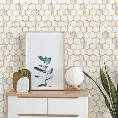 STICKGOO Hexagon Peel and Stick Backsplash Tile, Stick on Backsplash for Kitchen and Bathroom, White Marble Look PVC Mixed Metal Gold Self Adhesive Metal Mosaic Tiles(Sample, Seamless)