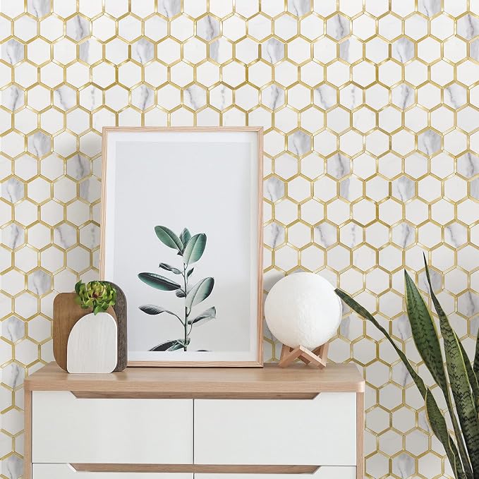 STICKGOO Hexagon Peel and Stick Backsplash Tile, Stick on Backsplash for Kitchen and Bathroom, White Marble Look PVC Mixed Metal Gold Self Adhesive Metal Mosaic Tiles(6 Sheets, Seamless)
