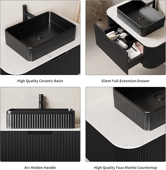 Yayzy 60" Floating Bathroom Vanity with Sink, Solid Wood Fluted Cabinet, Black Fluted Square Ceramic Basin & Faux Marble Top, Soft-Close Drawer, Pre-Assembled, Gloss Black
