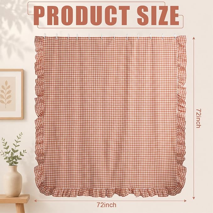 HunnmingRe Ruffled Gingham Shower Curtain Orange | 72'' x 72'' Vintage Farmhouse Curtain, Cotton Cottage Core Rural Checkered Plaid Decor, Fall Shower Curtain for Bathroom