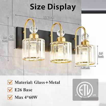 Bathroom Vanity Light Fixtures Over Mirror - Makeup Lighting Black Gold - for Modern Wall, Bath, Desk, Farmhouse, Hallway 3 Crystal Lights